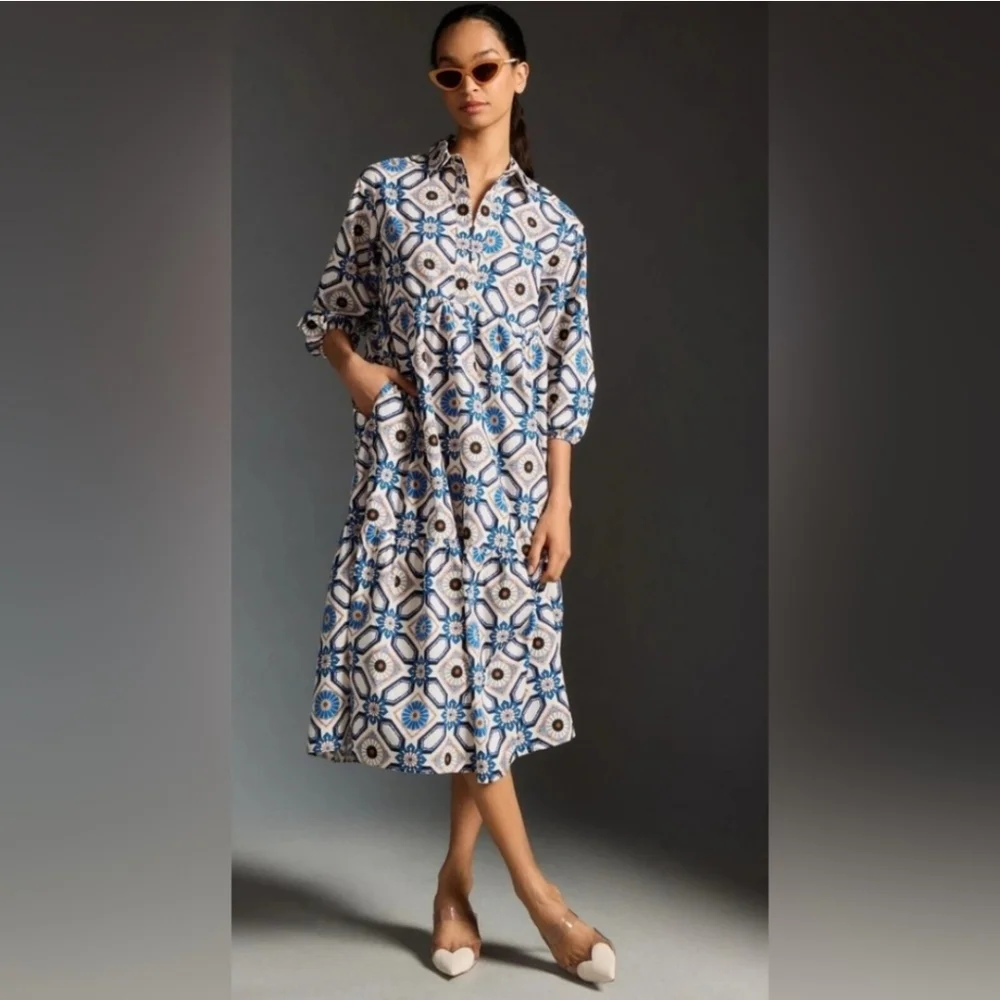 Anthropologie Maeve The Bettina in Sapphire White Tile Tiered Shirt Dress, Large - Picture 13 of 13